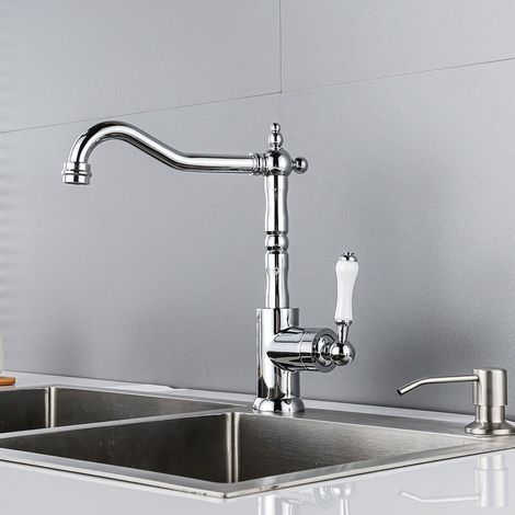 Retro kitchen tap, single handle hot/cold water mixer, 360° rotation, in silver brass. (1/5)
