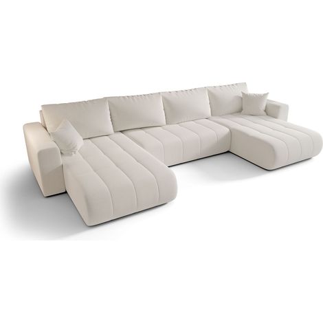 Canapé d’angle velours chenille panoramique convertible avec coffre SVEN-Blanc cassé (1/4)