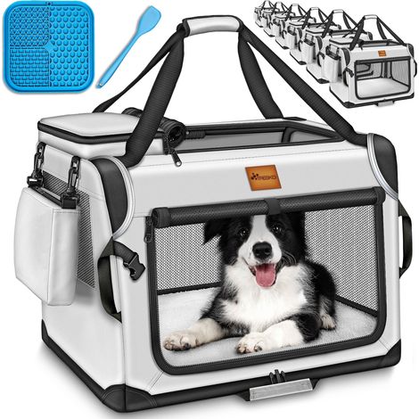 TRESKO Transportín plegable gris para perros (XXL, 92 x 63 x 63 cm) con tapete para lamer, espátula y reflectores  Caja de transporte para perros y gatos  Transportín para perros pequeños y grandes  T