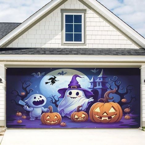 Halloween-Garagenbanner (1,8 x 3,96 m) – Partydeko für drinnen und draußen mit gruseligem Kürbis, Geist und Hexe (1/5)