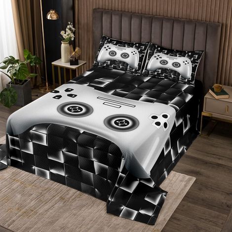 Jeux pour Enfants Couvre-Lit Garçons 260x240 Noir Et Blanc Console de Jeu Dessus de Lit Géométrique Plaid Console de Jeu Couverture de Lit Adolescent Mâle 3D Poignée de Jeu Vidéo Jetés de Lit - 260x24 (1/5)