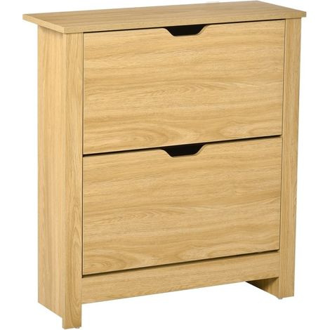 Schmaler Schuhschrank, 2 Klappschubladen, verstellbare Einlegeböden, 6–12 Paar, 31 x 57 x 22 cm, Naturholz