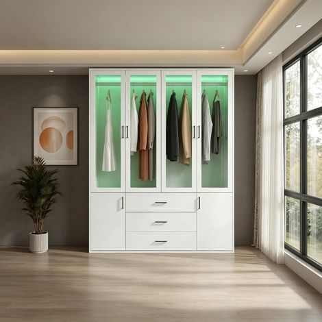 FOERPL-Armadio bianco con illuminazione a LED e specchio, armadio per camera da letto per adulti con 2 ante in vetro e 3 cassetti, armadio multifunzionale con asta appendiabiti mobile contenitore