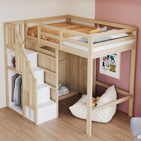 Letto a Soppalco 90x200 cm con Struttura in Legno Colore Legno Naturale (1/5)