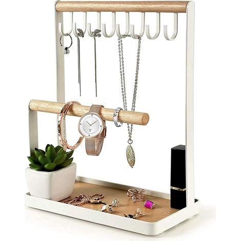 Soporte para joyas, expositor de collares de varios niveles, bandeja para pendientes, organizador de anillos de madera, 8 ganchos, almacenamiento para collares, pulseras, anillos y relojes en el escri