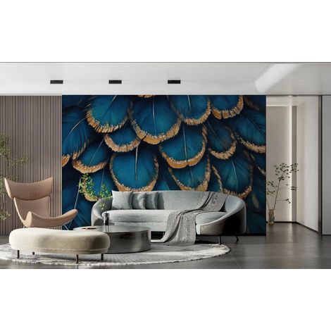 Papier Peint Animaux – Plumes Bleues et Dorées - 500 x 270 cm (1/2)