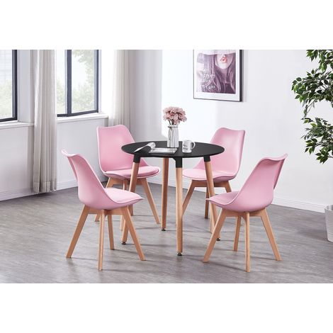 Ensemble de salle à manger rond Halo Lorenzo - une table à manger en bois noir et un ensemble de 4 chaises de salle à manger en polypropylène rose - Salle à manger et cuisine