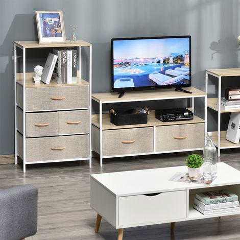 Commode en tissu à 4 tiroirs, compartiment ouvert et structure en métal, idéale pour une chambre ou une entrée, grise.