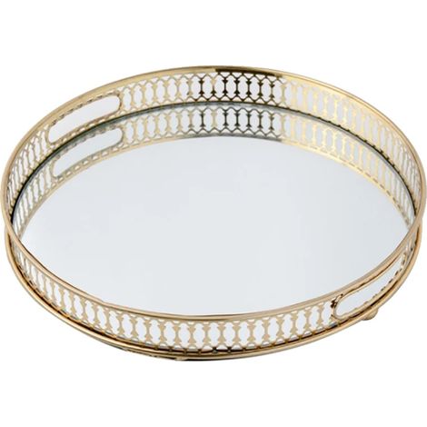 Bandeja decorativa con doble asa, elegante acabado de espejo, color dorado. (1/2)