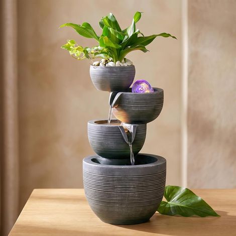 Fontaine d'intérieur en cascade avec pot de fleurs - Petite fontaine de table avec changement de couleur - Éclairage LED - Fontaine en cascade - Décoration pour salon, chambre, bureau (1/5)
