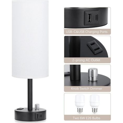 Lampe De Table - Lampe À Toucher Dimmable Avec 2 Ports USB Et Prise Électrique - Abat-Jour En Tissu Noir - Pour Chambre À Coucher Bureau Salon - 1 Unité (1/5)