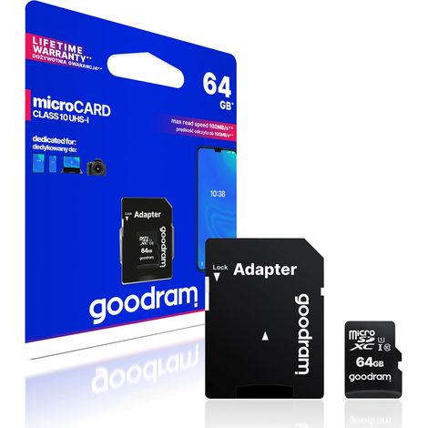 Scheda di memoria Micro SD GoodRam da 64 GB ad alta velocità con adattatore C10 U1 a 100 MB/s (1/5)