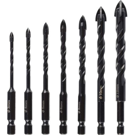 Forets à béton 7 pièces (3–12 mm) – mèches noires 4 taillants pour maçonnerie, carrelage, brique, verre et bois (1/5)