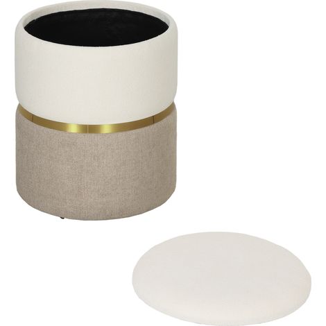 Pouf de rangement avec couvercle, anneau métallique, design bicolore, 36 x 36 x 44 cm, blanc crème