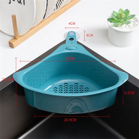 Égouttoir triangulaire de cuisine, stable et facile à égoutter, pour évier d'angle, bleu. (1/5)