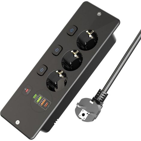 Multiprise encastrable à 3 Prises avec 2 Ports USB A et 2 USB C, Prise Encastrable de Table avec Interrupteur Individuel pour Meuble ou Plan de Travail, Noir (1/4)