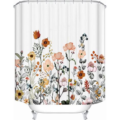 Rideau de douche en tissu doublé motif floral blanc, décoration salle de bain