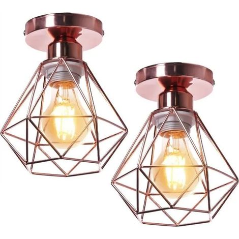 U-Do 2Pcs Plafonnier Industriel Vintage Lampe de Plafonde Cage forme Diamant Mini en Métal Or Rose (1/4)