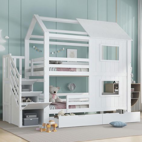 , Lit superposé,  lit enfant,  armoire suspendue avec compartiments de rangement,  tiroir de rangement à roulettes,  jolies fenêtres et toit,  sommiers à lattes robustes,  pin + MDF + contreplaqué...