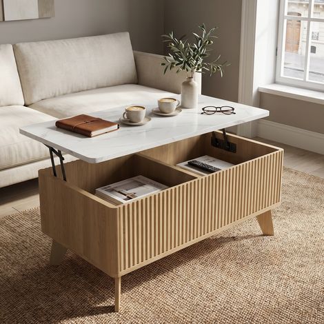 Höhenverstellbarer Couchtisch 105x53x42 cm mit Stauraum und Dämpfung, Marmor-Optik, Wohnzimmertisch aus Holz, Eiche hell