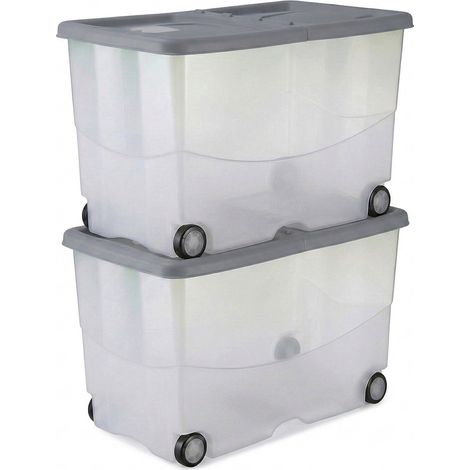 Set 2 Contenitore Multiuso 57 Litri con 4 Ruote Coperchio Grigio Doppia Apertura Box Organizer casa con Tasca Antitarme H36 x L56 x P38 cm in Plastica BPA Free portaoggetti salvaspazio Made in Italy (1/5)