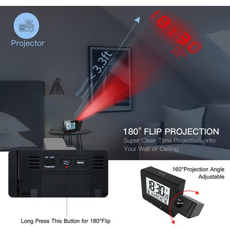 Réveil projecteur pour chambre avec thermomètre et hygromètre, affichage LED numérique à luminosité réglable, chargeur USB, rotation à 180°, double alarme, fonction snooze 12/24 h. (1/5)