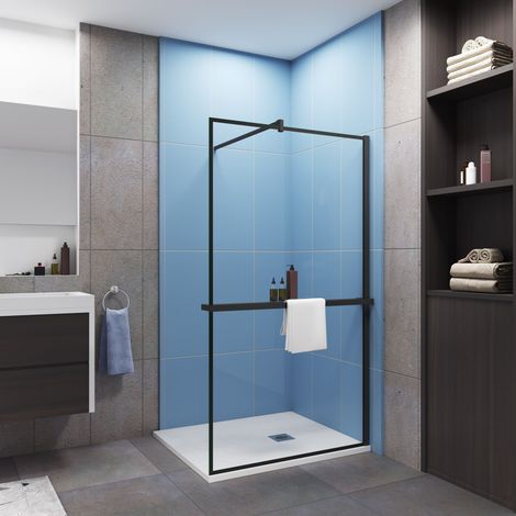 Paroi de douche à l'italienne cadre noir 80x200cm installé avec une barre de fixation carré en 140cm,livré avec étagère de douche noir
