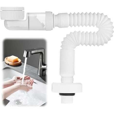 Siphon de 1 1/4", Siphon Économiseur d'espace, Lavabo Réglable, Tuyau de Vidange Flexible, Anti-Odeurs, Tuyau d'évacuation des Eaux Usées Remplaçable (Blanc) (1/5)