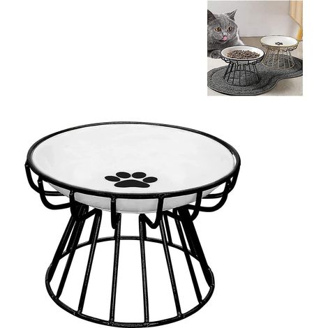 Anti-Erbrechen-Katzennapf, schnurrhaarfreundlich, erhöhter Keramiknapf mit Metallständer, flacher Keramiknapf für Wasser und Futter, Pfotenabdruck-Design, schwarz