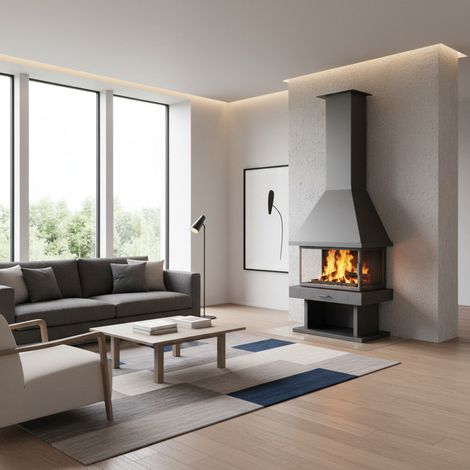 Chimenea metálica Muspel Grefjon 11,5 kW de 3 caras  Doble combustión, acero y cristal SCHOTT ROBAX (1/5)