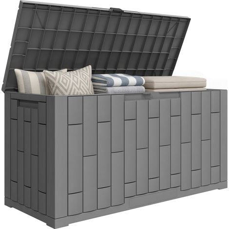 Coffre de rangement extérieur - Outsunny - verrouillable avec vérin à gaz, aspect bois - pp - 227 L - gris (1/5)