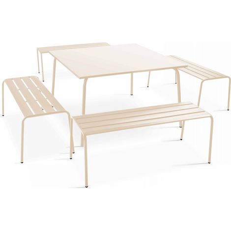 Ensemble table de jardin carrée et 4 bancs en métal ivoire - Palavas