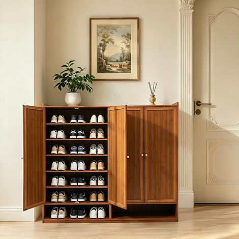 Shoe Cabinet 120x32x107cm, 7-Tier Freestanding Shoe Storage Organizer with 4 Magnetic Doors, Adjustable Shelves, Flat Top for Entryway Hallway Closet Living Room, Brown (1/5)
