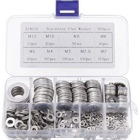 Rondelle Inox avec Boîte de Rangement (Lot de 580) - Assortiment de 9 Tailles M2, M2.5, M3, M4, M5, M6, M8, M10 & M12 - Lot de Rondelles Métal - Réparations, Usines & Décoration Intérieure