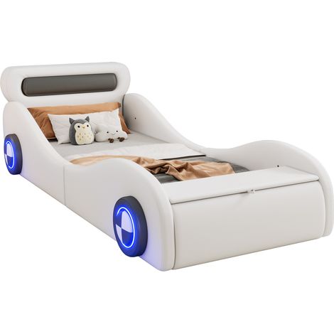 Lit voiture enfant 90x200 cm avec roues lumineuses à LED, coffre de rangement, structure PU et MDF, blanc, sans matelas, pour chambre d'enfant - CHICFURN (1/5)