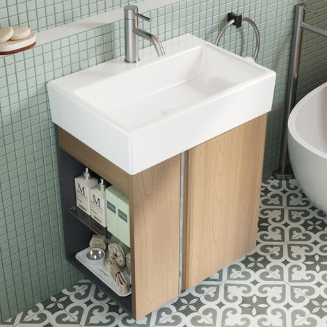 Meuble De Salle De Bain 50 cm avec Vasque en Céramique pour WC Invités, Meuble Compact pour Petits Espaces, Golden Sand (1/5)