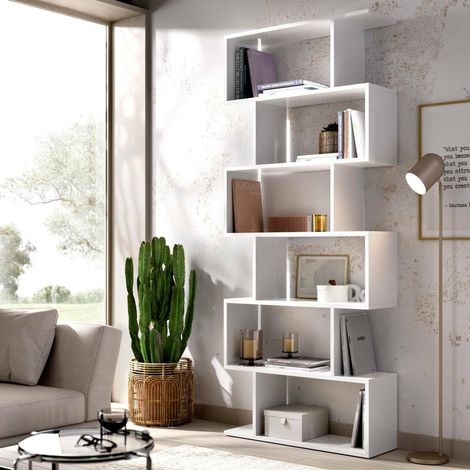 Librairie Joliet, Bibliothèque haute double face, Étagère de séparation avec 5 étagères, Étagère de bureau moderne, cm 80x25h192, Blanc brillant (1/5)