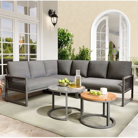 Sofá jardín esquinero con mesas y cojines gris OKMYHOME (1/5)