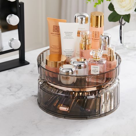 360° Rotating Makeup Cosmetic Organizer with Drawer,Grey (1/5)