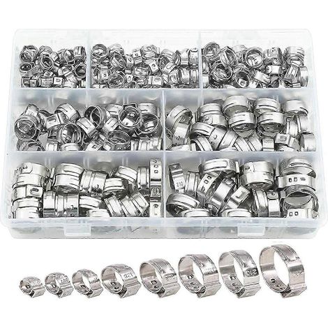 Kit de 130 colliers de serrage en acier inoxydable pour tuyaux, raccords à une seule oreille pour une connexion sécurisée. (1/5)