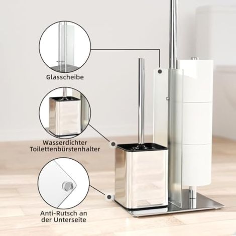 Porte-rouleau de toilette sur pied avec brosse - Ensemble en acier inoxydable avec porte-papier toilette et brosse, sans perçage, brosse et porte-rouleau avec étagère en verre (Argent)