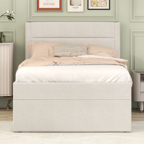 Cadre de lit 90x200 cm avec sommier métallique à lattes, grand tiroir de rangement intégré, teinte beige, livré sans matelas (1/4)