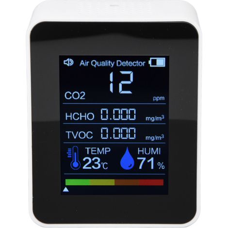 Détecteur de CO2 8-en-1 portable, analyseur d'air qualité multifonction, écran auto-rotation, recharge USB avec batterie intégrée, blanc. (1/5)