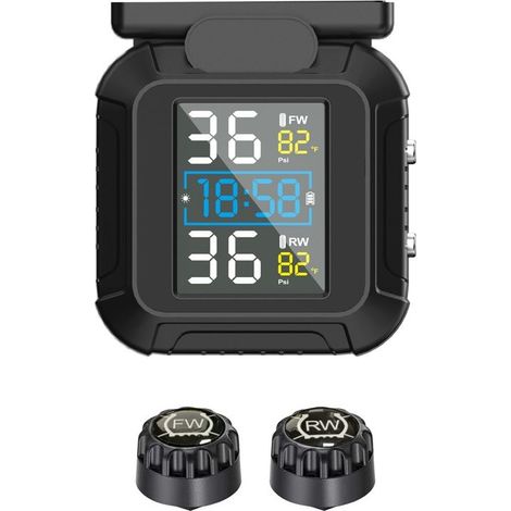 Motorcycle TPMS Système de Surveillance de la Pression des pneus sans Fil pour Moto chargeable par et USB Moto TPMS avec 2 capteurs externes Affichage LCD numérique TPMS pour Moto à Deux Roues (1/5)