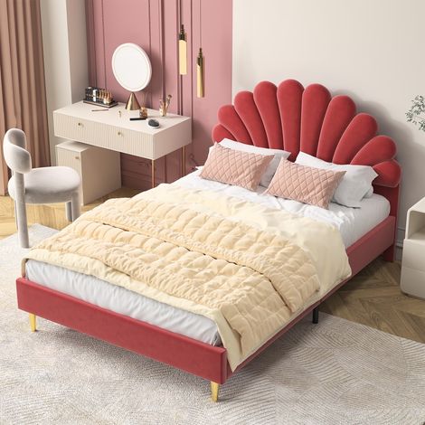 Letto matrimoniale 140x200 cm con testiera a fiore - Letto imbottito design petalo capitonné - Con rete a doghe - Velluto - Rosa