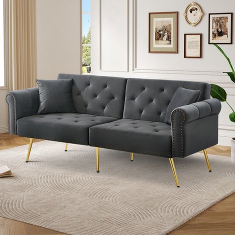 Sofá cama de 2 plazas 173x75x70 cm gris antiguo en terciopelo y espuma con respaldo ajustable (1/5)
