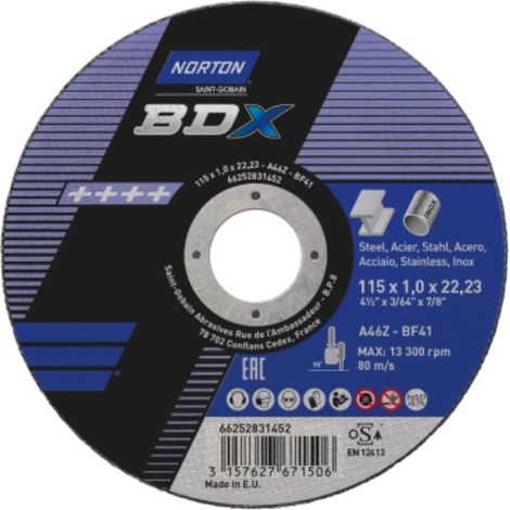 Norton – Disque à tronçonner 125mm ultra-mince – Acier inox – Alésage 22,23mm – Coupe rapide avec peu de vibrations - 41-plat