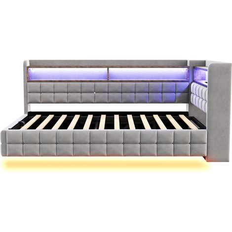 Cama tapizada multifuncional 90 x 200 cm con almacenamiento, LED, enchufe y USB-C, gris claro (1/5)