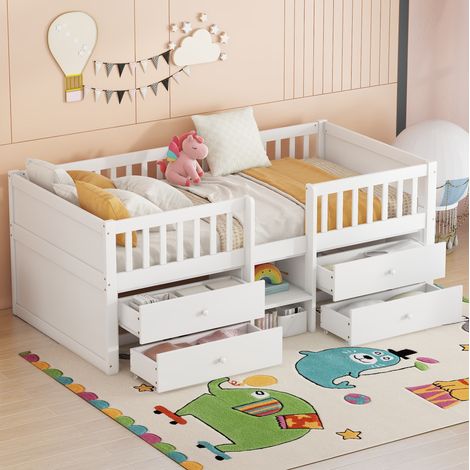 Cama semi alta minimalista 90x200 cm de pino y MDF blanca con 4 cajones, escalera y barandillas de seguridad (1/5)