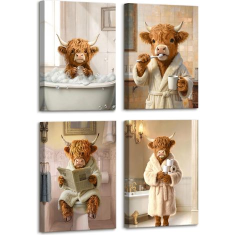 4pcs Cadre en Bois Impression sur Toile Vache des Highlands Tableau Affiche Decoration Murale Adorable Vache Brune Peinture Tableau Decoration Murale Salle de Bain Chambre d'enfants WC 30x40 cm x4 (1/5)